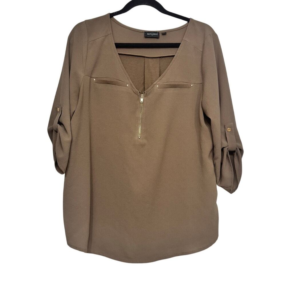 Tempted Brown Zip Front Roll Tab Sleeve Blouse Women’s Large‎ Business Casual